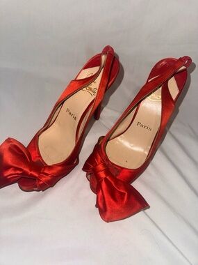 Christian Louboutin Red Satin Bow Slingback Heels